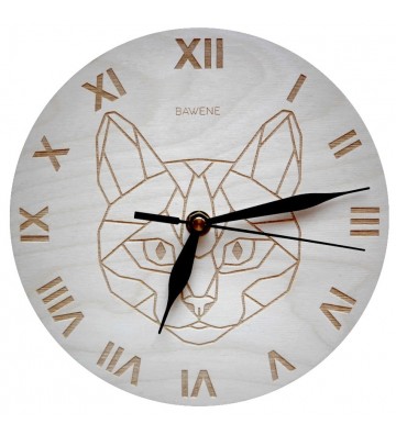 drewniany zegar ścienny do salonu z kotkiem grawer