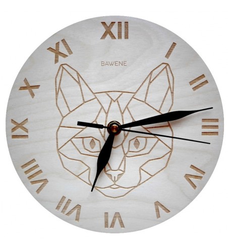 Drewniany zegar ścienny do salonu Kot geometryczny grawer 21cm